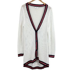 Crown & Ivy white open crochet knit long line V neck button down cardigan